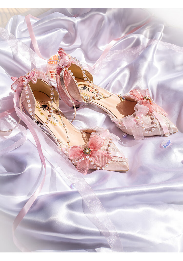 洛丽塔鞋子法式少女lolita高跟鞋lo鞋花嫁洛丽塔沉汐细闪尖头高跟鞋深