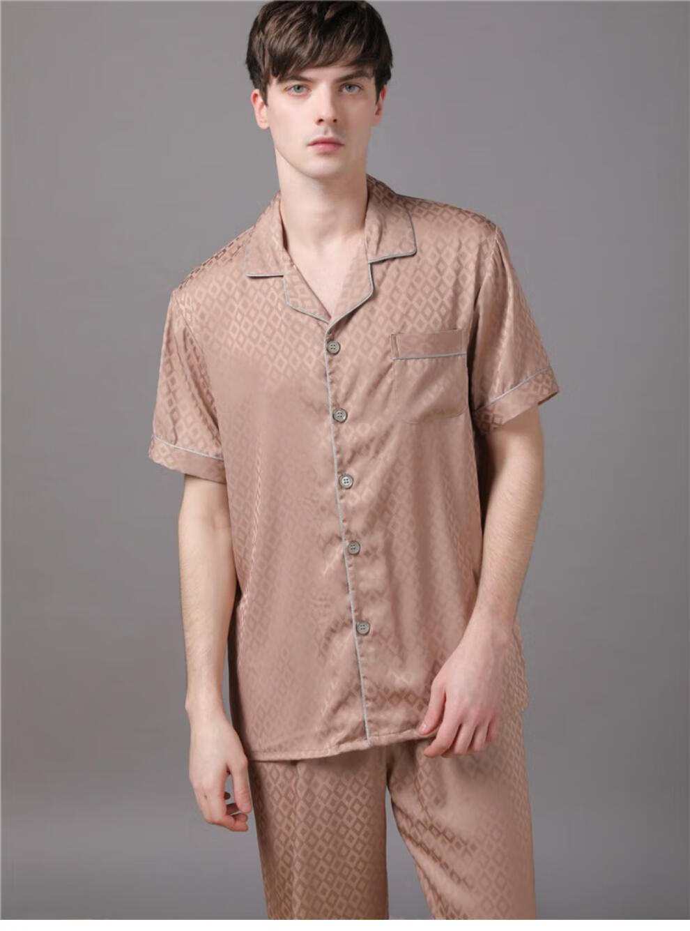 桑蚕丝男士高档真丝绸缎睡衣夏季男短袖长裤大码薄款爸爸丝绸家居服