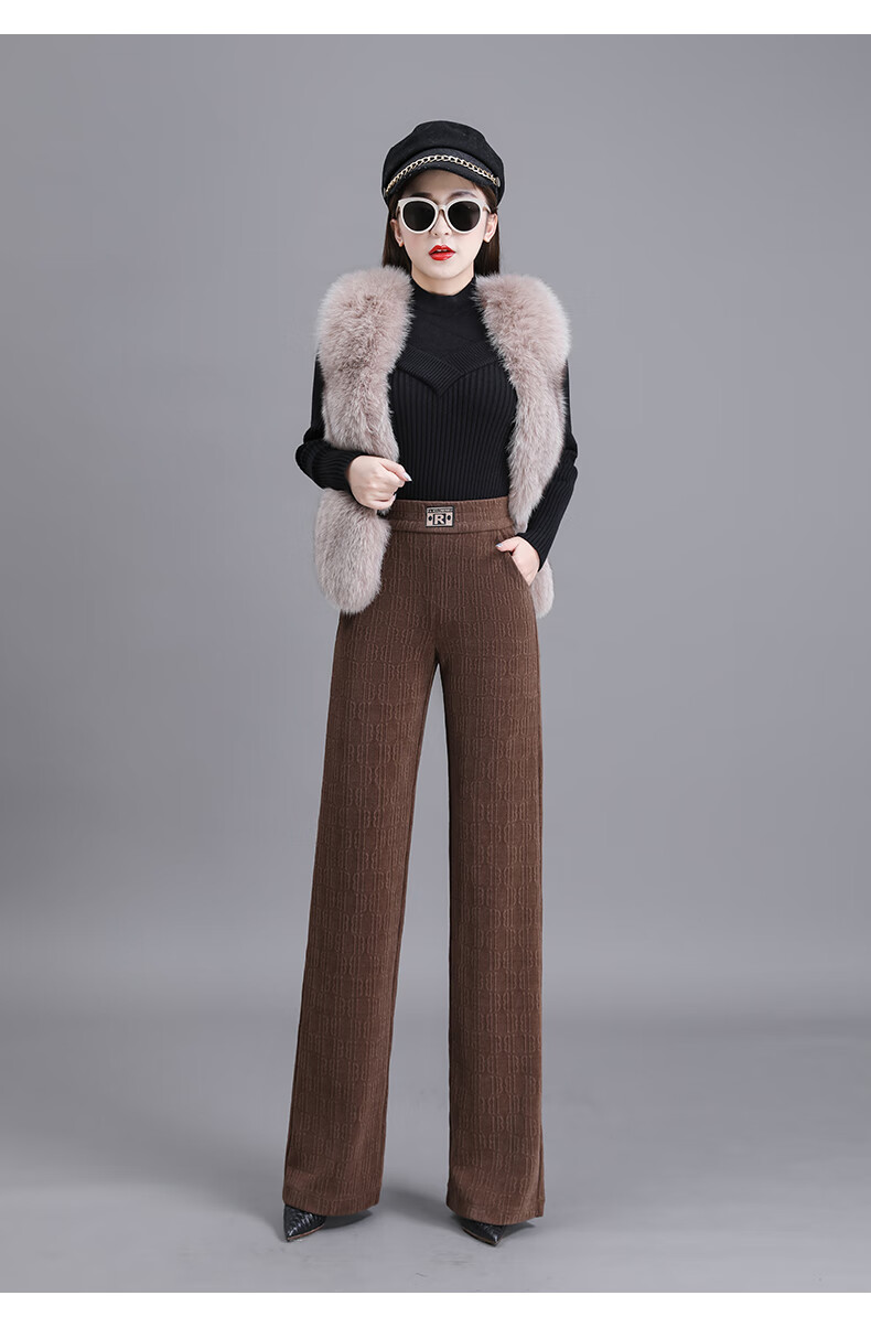 vedui香港潮牌加绒咖色雪尼尔阔腿裤女2021秋冬新款高腰垂感直筒条绒