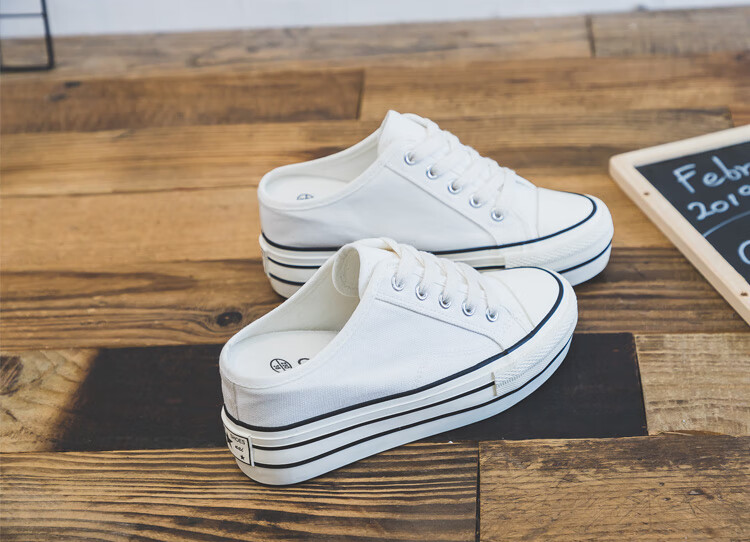 回力2022夏季新款无后跟帆布鞋女半拖内增高懒人鞋厚底百搭小白鞋半