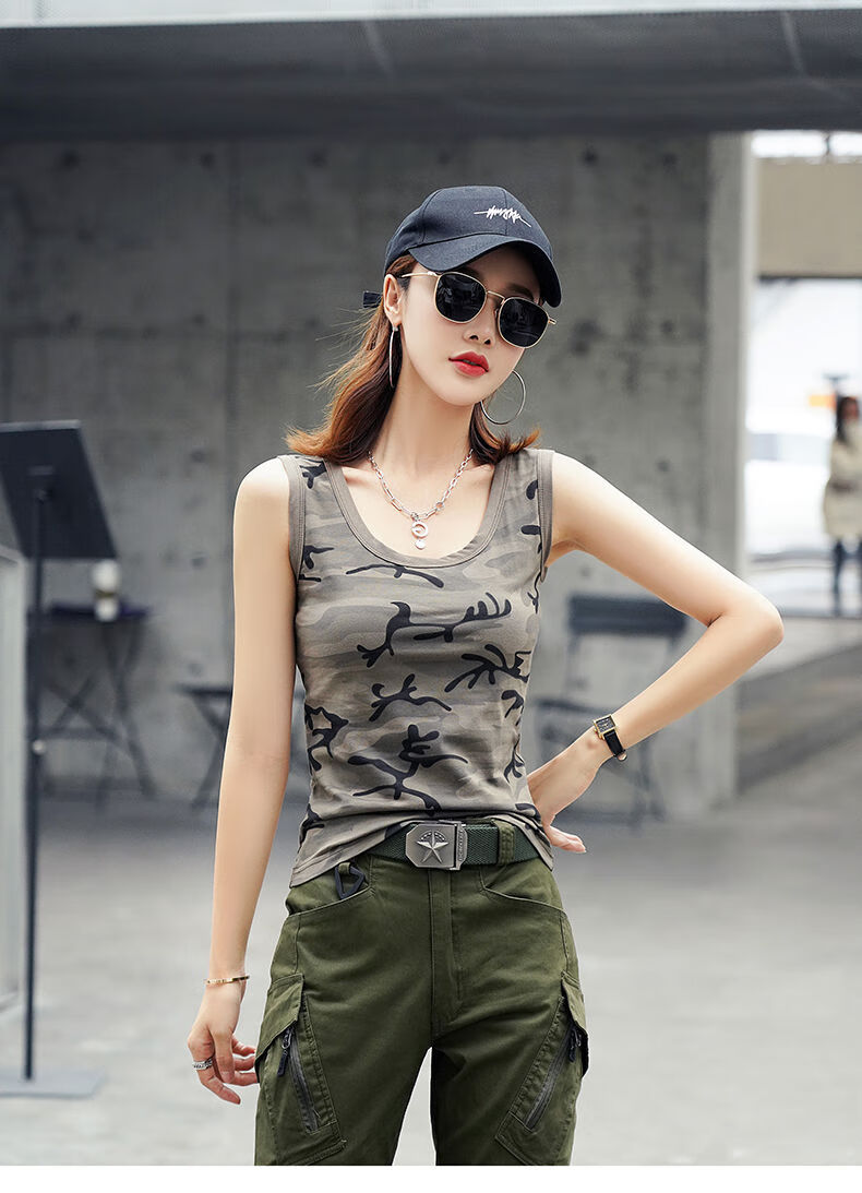 新款夏季迷彩背心女短款修身弹力显瘦薄款纯棉圆领潮暗迷彩m