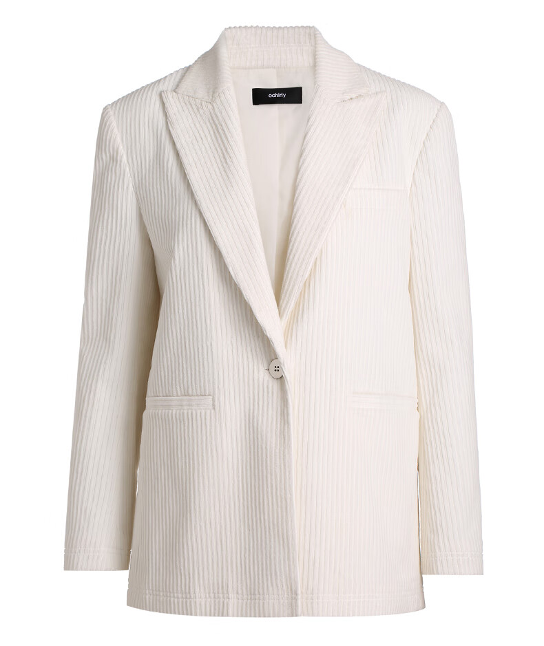 黑标系列欧时力新款冬装链饰灯芯绒中长西装外套女白色018xs