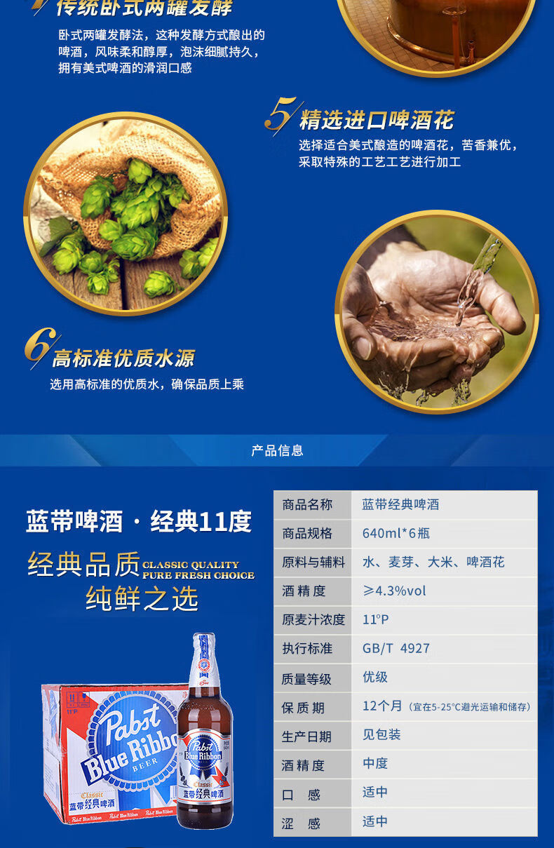5折蓝带啤酒blueribbon经典11p640ml12瓶黄啤酒640ml12瓶原箱发货
