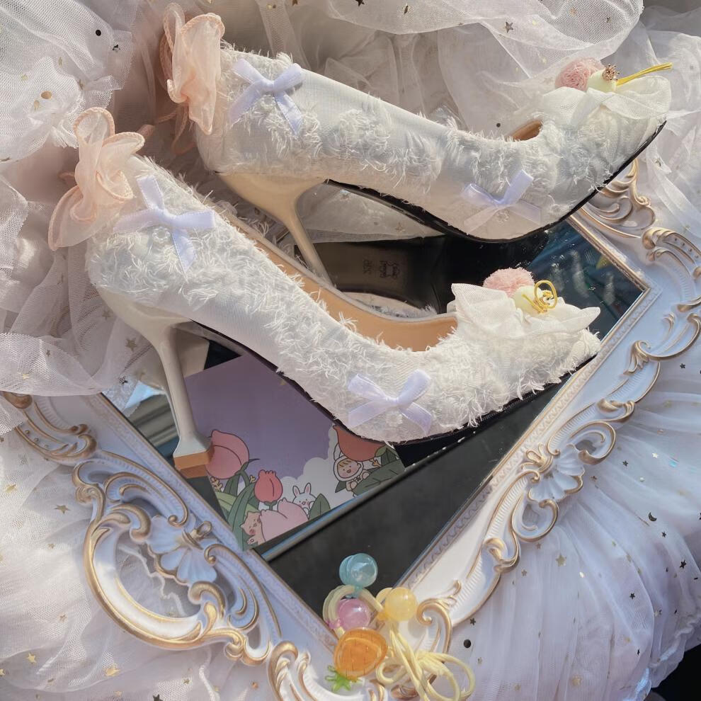 洛丽塔鞋子法式少女lolita高跟鞋华丽纯白花嫁鞋毛绒茶会款手工定制