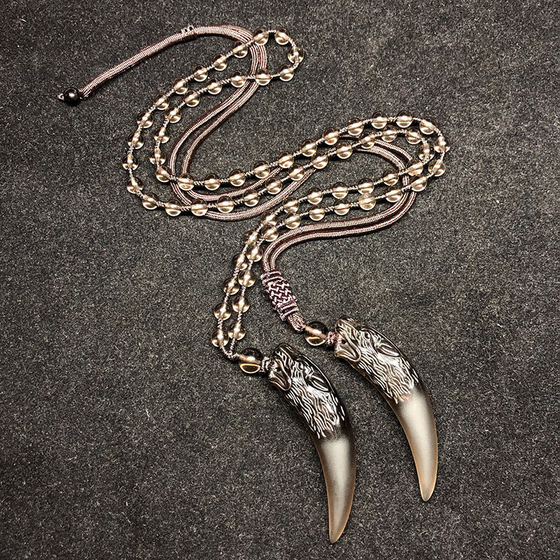 似卿冰种黑曜石狼牙吊坠男士女潮人个性牙齿情侣简约项链挂坠配棉绳