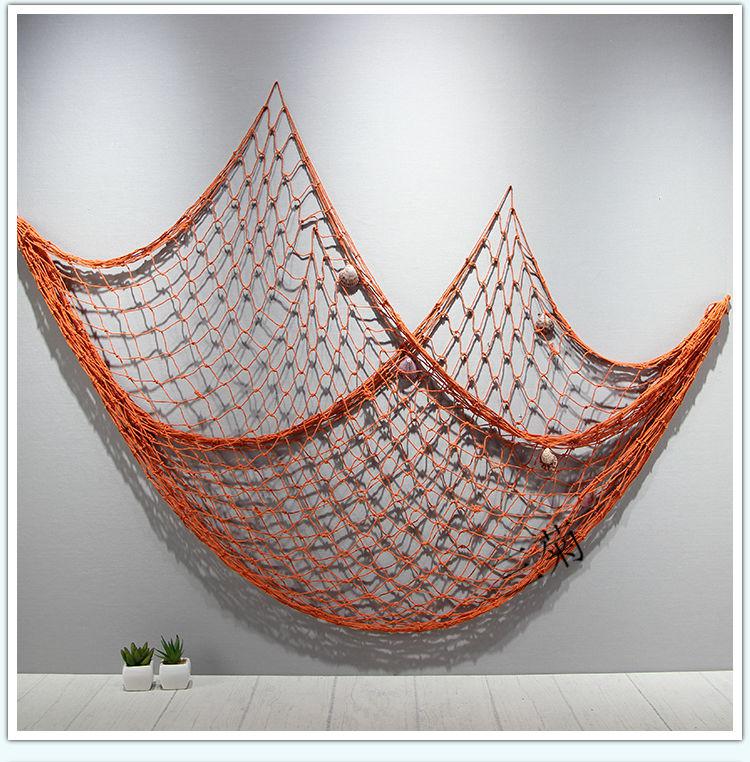 地中海粗线装饰渔网酒吧墙饰房间挂件鱼网幼儿园diy壁饰1m2m桔红色纯