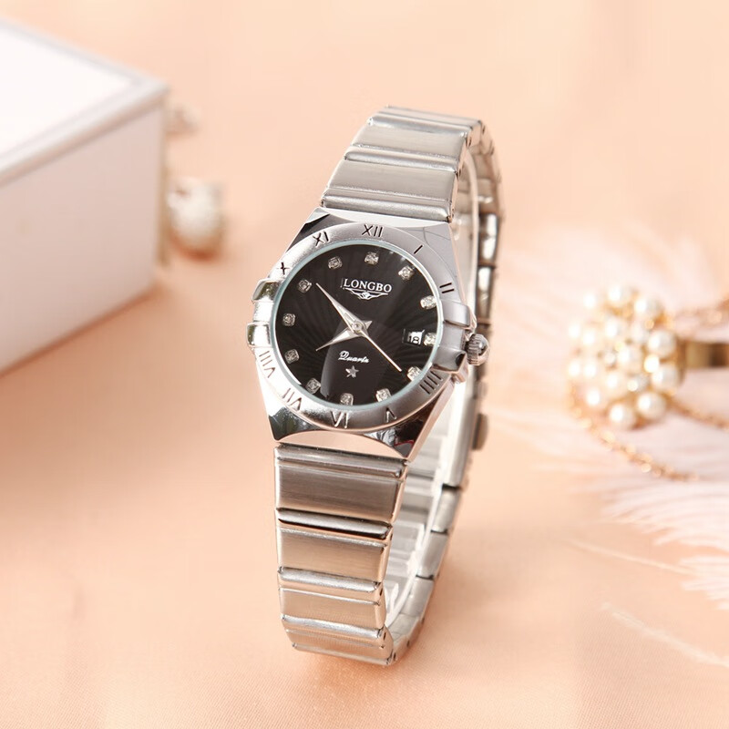 longbo龙波80731镶钻情侣石英表时尚商务风男士女士手表银壳黑面银带