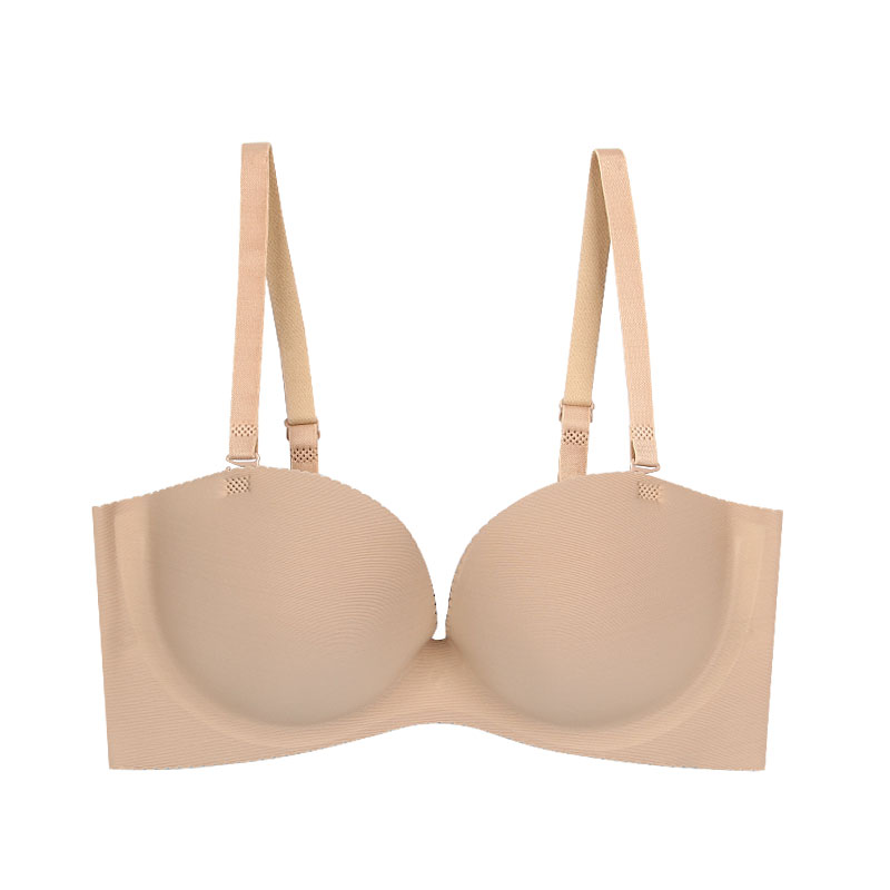 欧美12半杯手掌款无痕文胸内衣一片式可拆卸肩带掌托厚小胸聚拢黑色