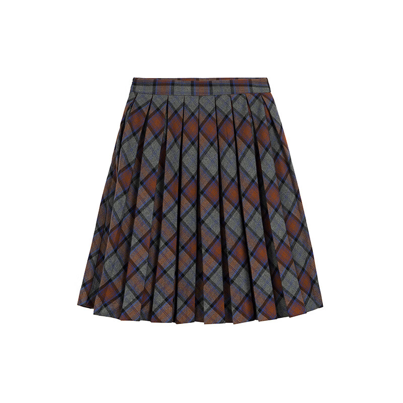 苏格兰气质复古工字百褶短裙子2022女秋冬高腰彩灰格纹半身裙女装