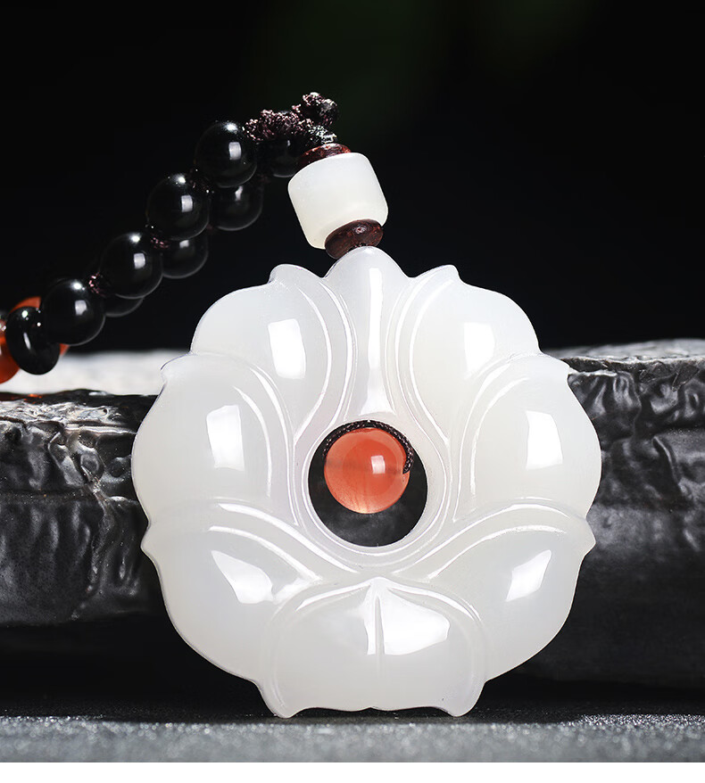 kosk轻奢品牌 新疆和田玉羊脂白玉莲花吊坠 女款玉佩玉项链双面挂件