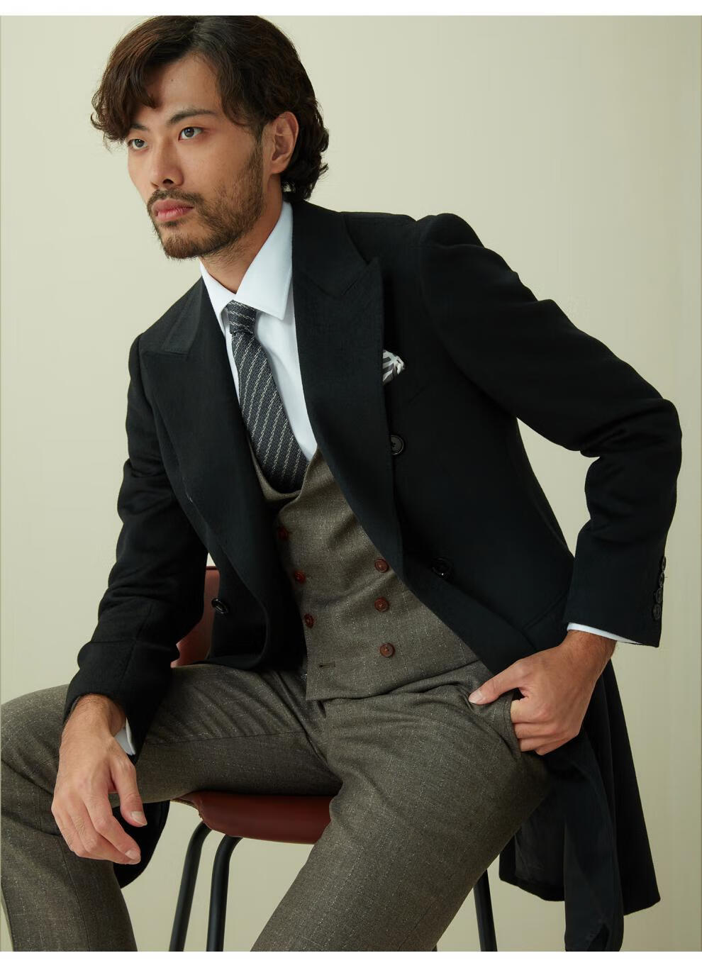 hany切斯特羊绒大衣男黑色商务休闲中长款双排扣高端男士毛呢外套 萨