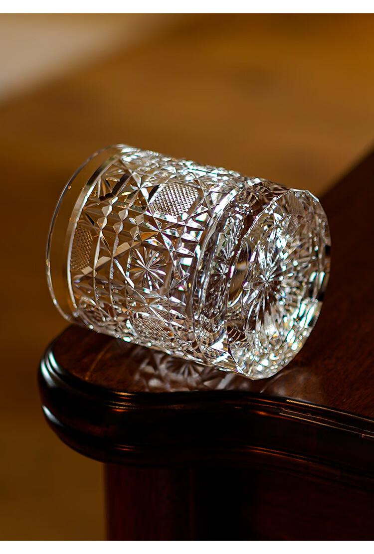 沃之沃 洋酒杯切子龙目菊纹水晶杯高端手工切子杯翡翠绿威士忌酒杯