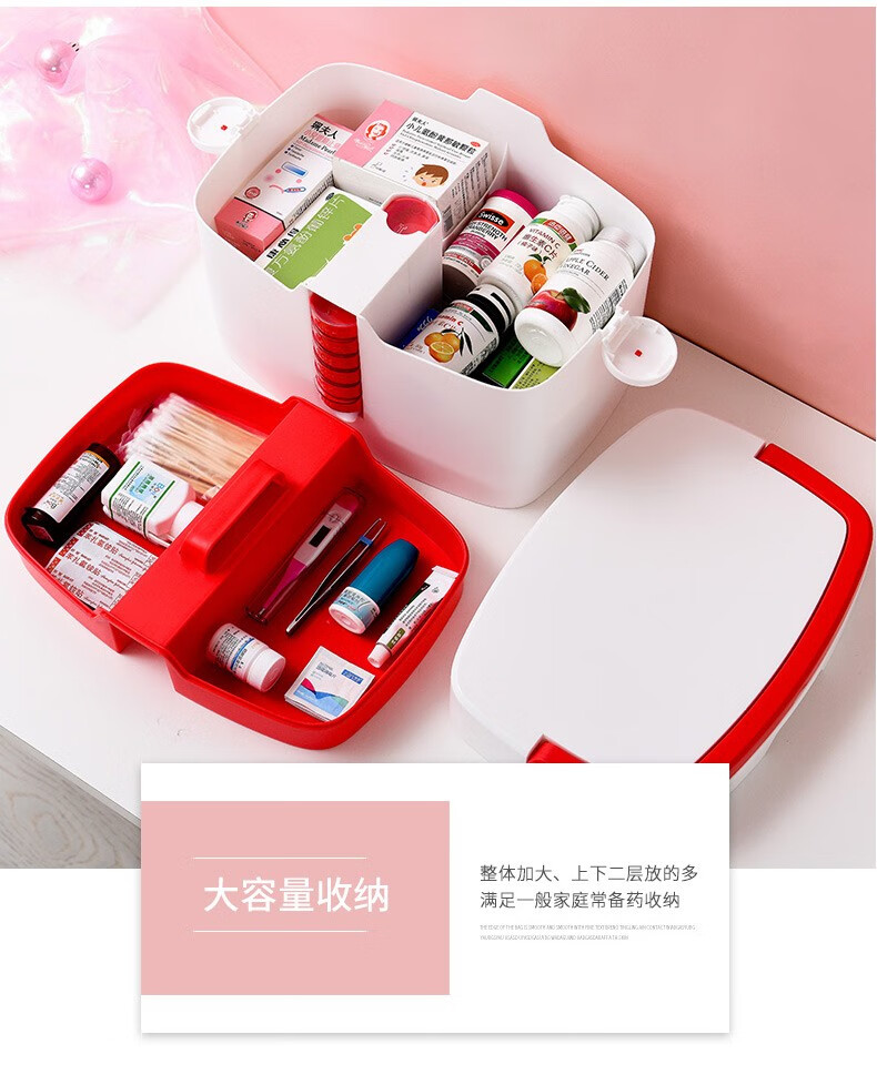 药箱家用药盒大号收纳箱医药急救便携药品收纳盒小号1格抽屉中国红