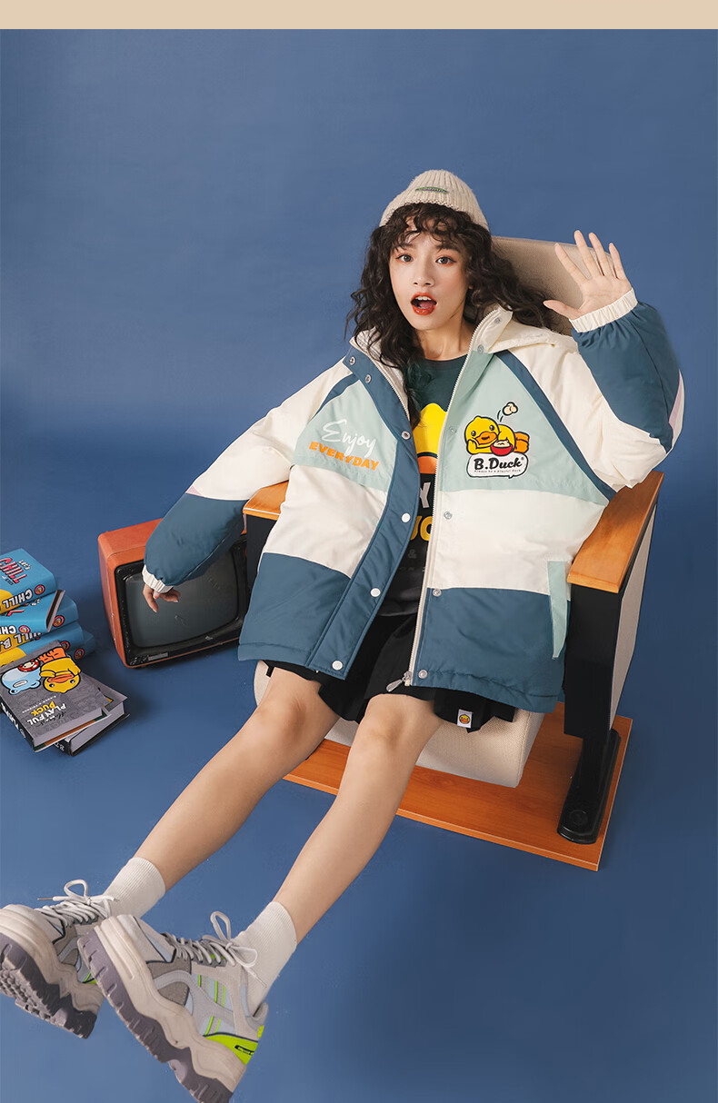 bduck小黄鸭女装白鸭绒羽绒服年冬季新款宽松撞色连帽涂鸦潮拼接色m