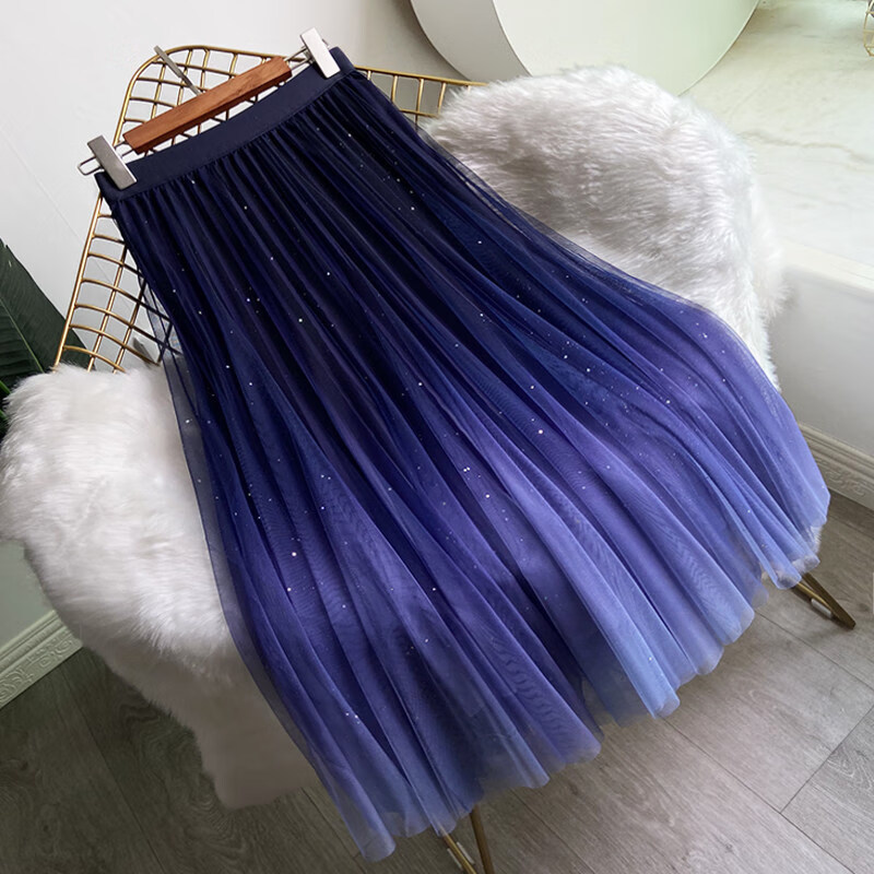 流贝星空半裙2021秋冬新款松紧腰纱裙过膝大摆网纱半身裙女中长款星空