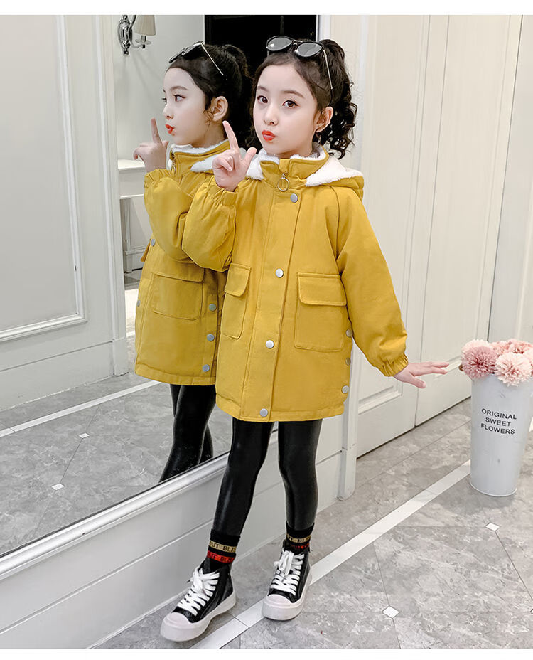绒加厚学生连帽中长款外套女童棉衣中童女装儿童棉服女孩衣服洋气童装