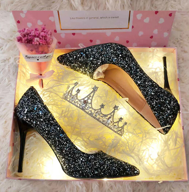 礼物女细跟成人礼送闺蜜水晶鞋成年倍克贝结婚鞋子银色女王皇冠347cm
