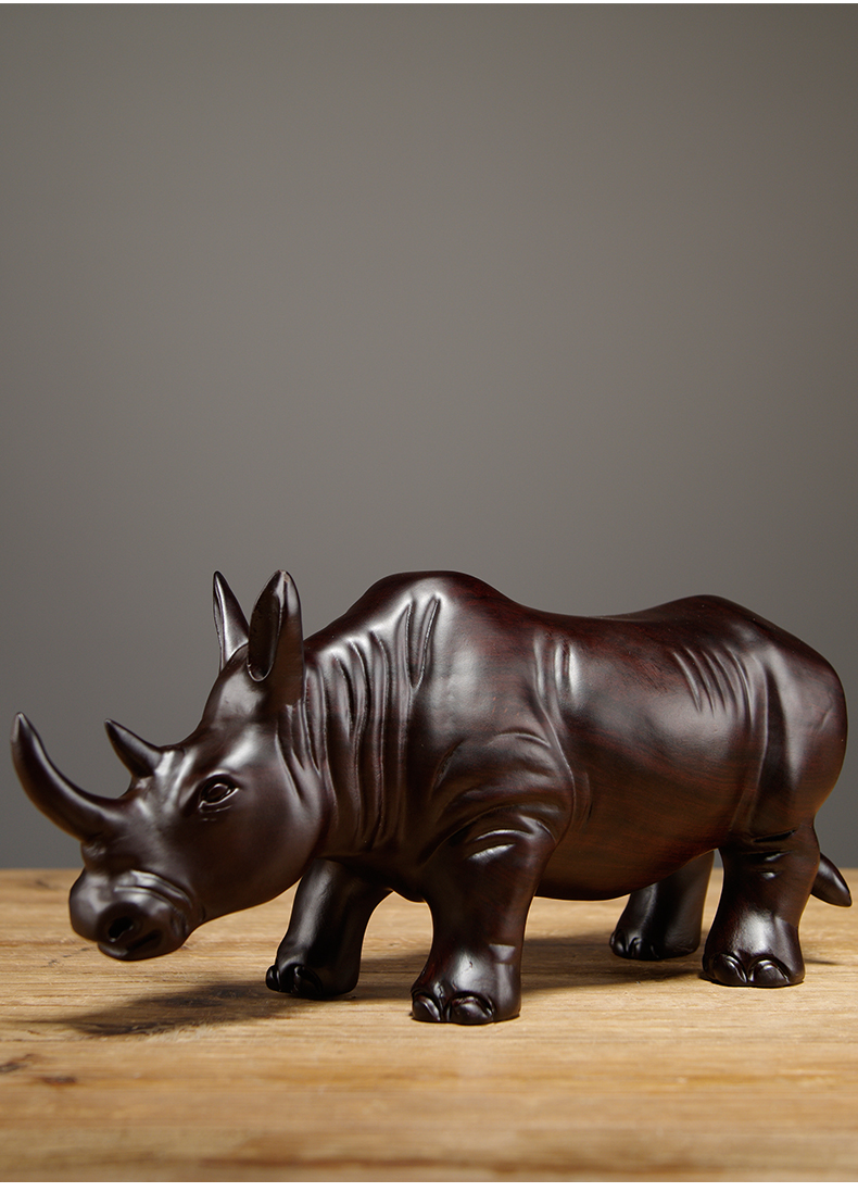 木雕犀牛摆件实木质雕刻动物家居客厅电视柜装饰红木工艺礼品 精雕