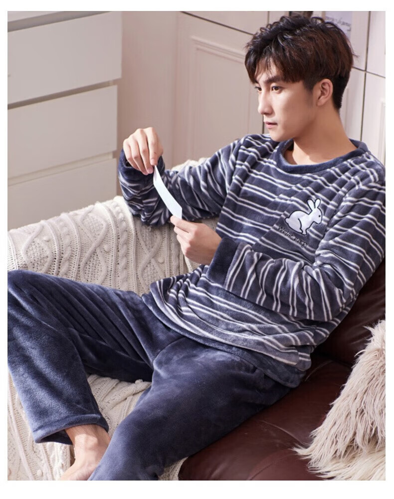 ck 冬季睡衣男珊瑚绒加厚加绒男士开衫法兰绒秋冬款家居服春秋套装