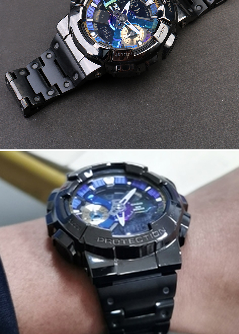 适配gshock卡西欧gm110系列改装小钢炮实心精钢不锈钢表带16mm黑色