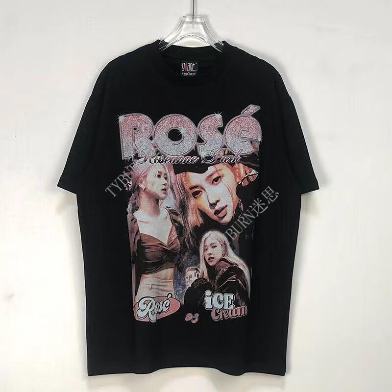 blackpinkrose朴彩英复古做旧印花圆领短袖高街宽松情侣休闲t恤黑色s