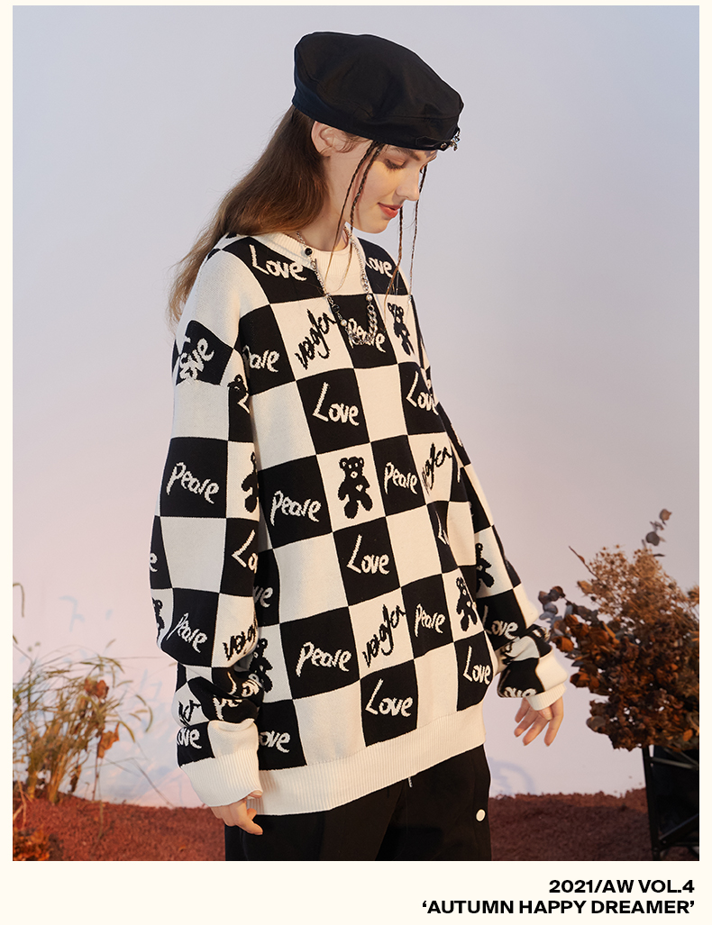 verafca棋盘格小熊印花毛衣男国潮慵懒高级感ins潮牌针织衫粉色s