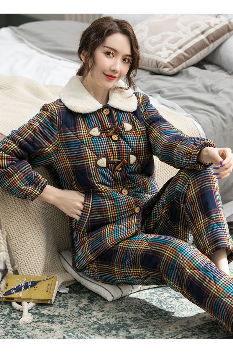 秋冬精选三层夹棉睡衣女士冬季纯棉胖mm加厚加肥保暖家居服秋冬天棉袄