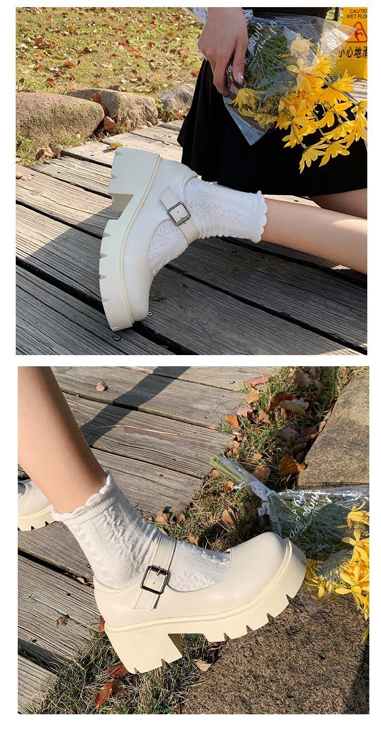 洛丽塔鞋子米色玛丽珍鞋女春夏法式复古松糕厚底圆头一字扣单鞋英伦风