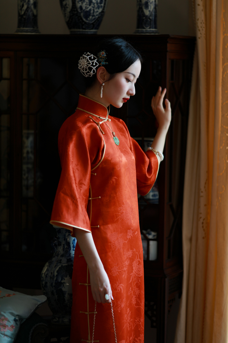 丹霞醉丨2022春季新款丨民国风重磅提花缎七分袖无省修身橘色旗袍 橘