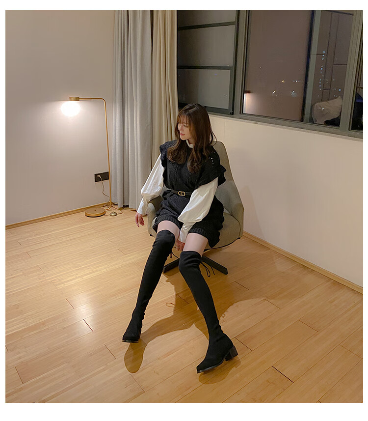 2020新款系带弹力靴长筒靴粗跟中跟显瘦过膝靴大腿靴超长靴女平跟