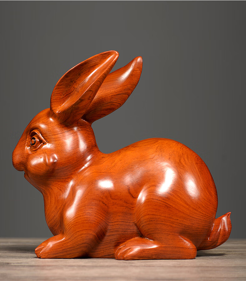 奈希森花梨木雕刻福财兔子摆件创意可爱实木质客厅十二