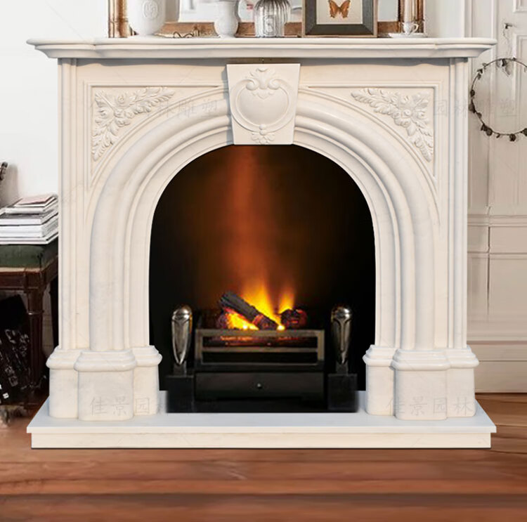汉白玉大理石壁炉法式雕塑欧式别墅客厅拱形汉白玉石材美式轻奢石雕