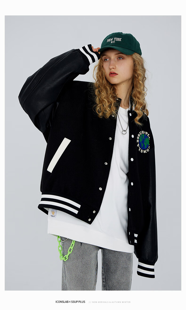 iconslab联名ssurplus地球刺绣棒球服冬季加厚夹棉夹克外套男浅蓝色加