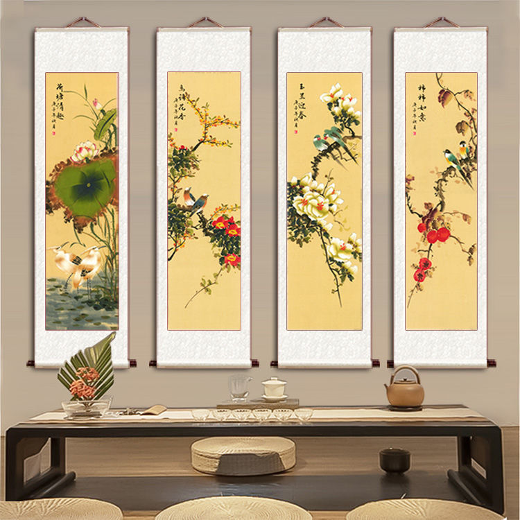 四幅条屏字画国画客厅玄关挂画风水琴棋书画梅兰竹菊竖幅花鸟画 春光