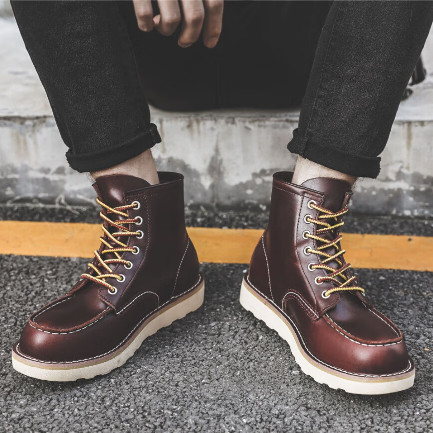 875工装靴男阿美咔叽马丁靴男真皮高帮靴子red复古机车男鞋wing棕黄油