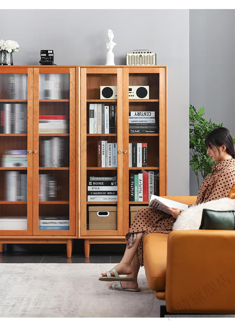 尼创北欧实木书柜樱桃木带玻璃门书橱书房书架日式储物柜收纳柜展示柜