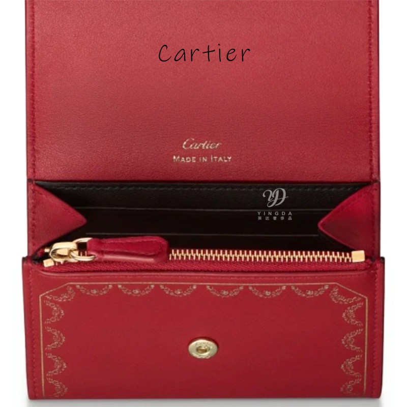 cartier/卡地亚女款红色小牛皮迷你皮夹镀金装饰手拿包情人节预售g 85