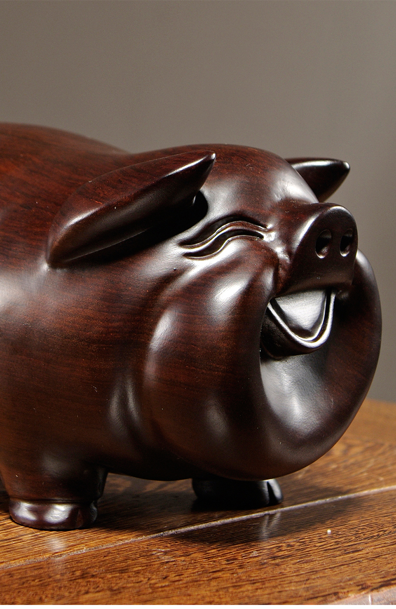 杞瑾木雕刻猪摆件木头十二生肖猪家居客厅装饰红木工艺品开业礼品精雕