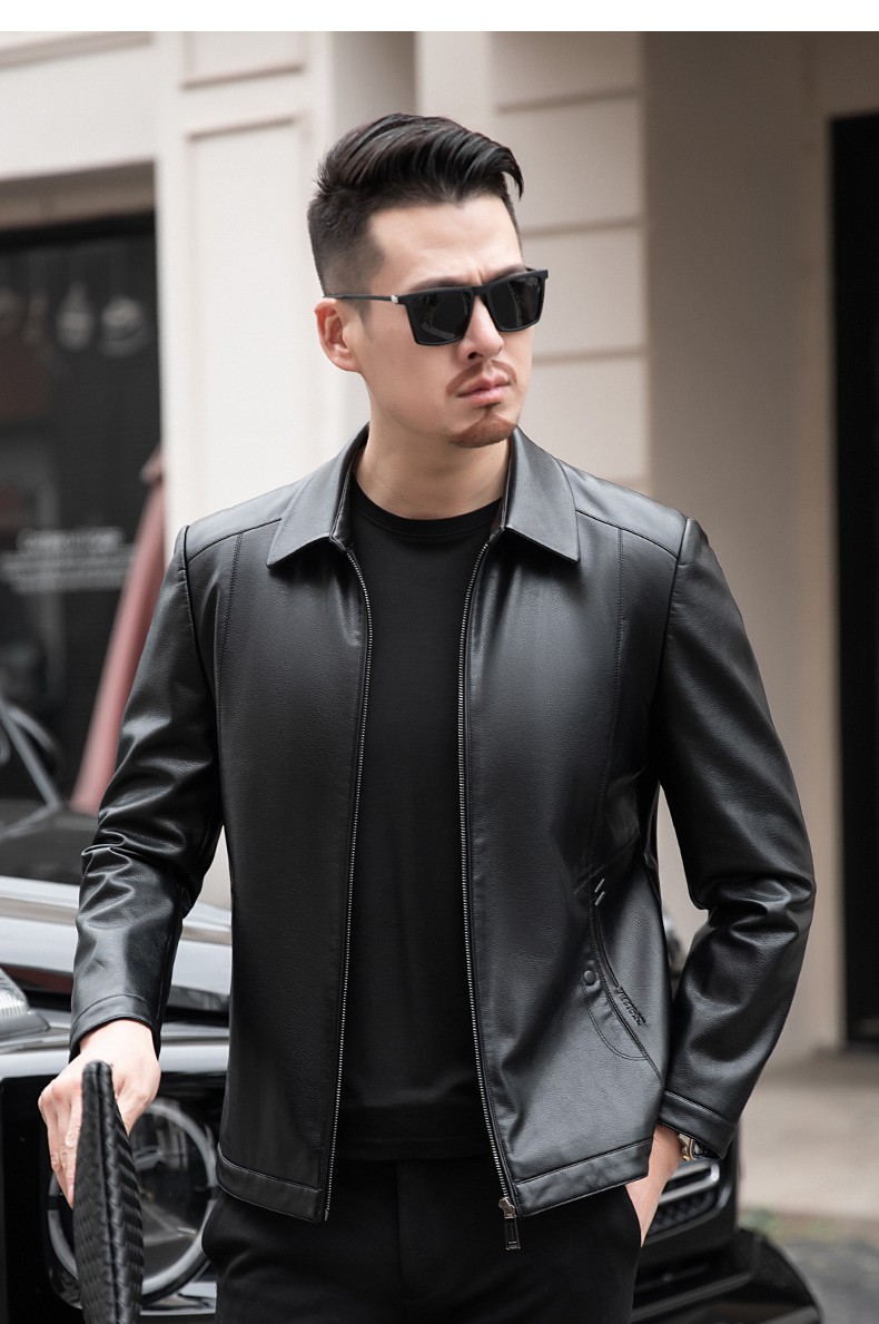 花花公子(京选)50岁60中年男装秋季男士真皮衣黑色短款翻领皮夹克宽松