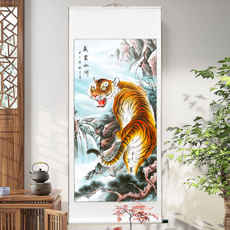 品质实用上山虎下山虎国画玄关过道餐厅装饰画书房挂画老虎画竖幅卷轴