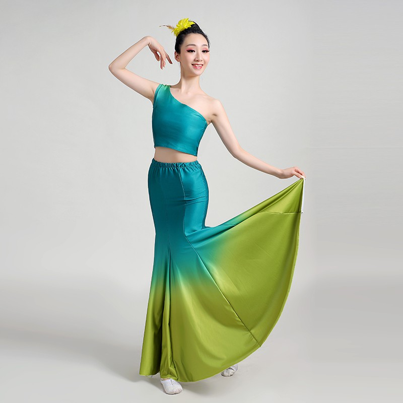 伊必圣傣族舞成人演出服女蹈服孔雀舞鱼尾裙练功舞蹈服装艺考表演跳舞