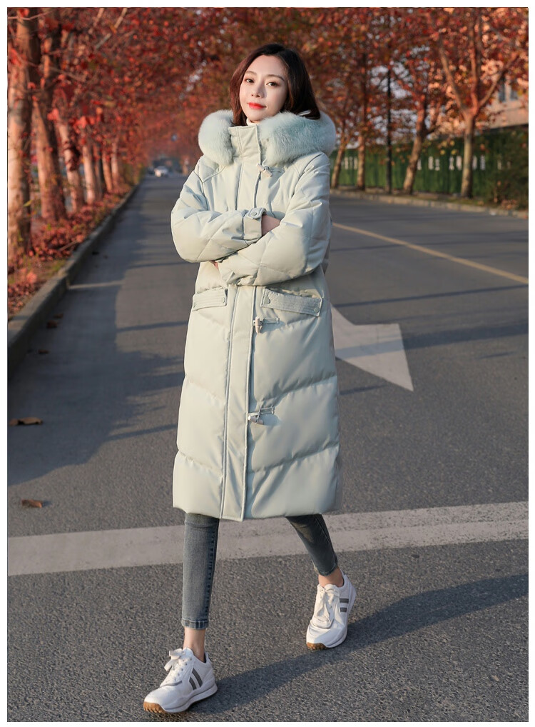 连帽年新款中长款加厚外套冬季女式女士冬天保暖防寒服米白环保毛领m