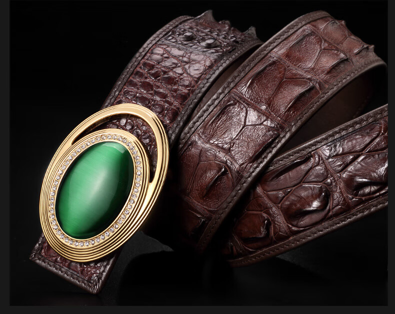 休闲百搭玉石自动扣腰带中年鳄鱼皮商务裤带ns75咖色金扣绿玉105cm