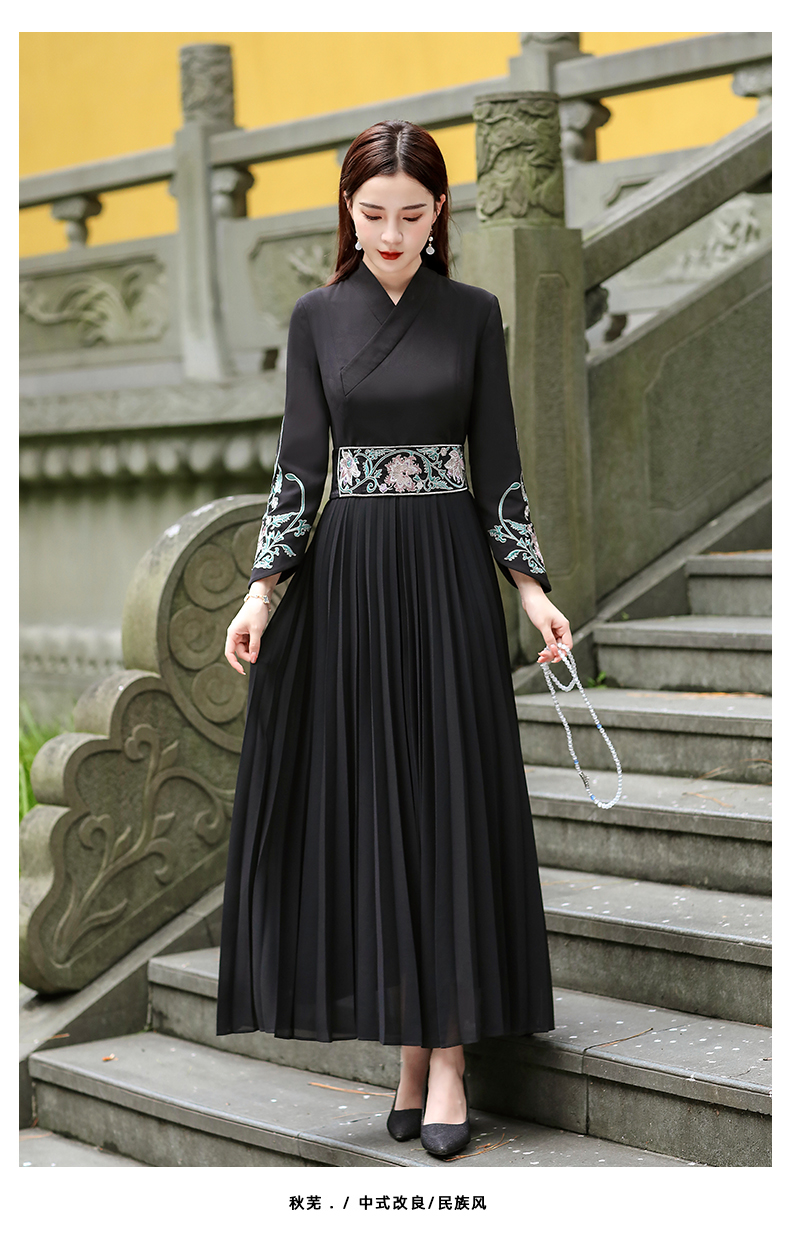 汉服女中式复古秋款高腰百褶长裙中国风女装连衣裙定制款月下香黑色s