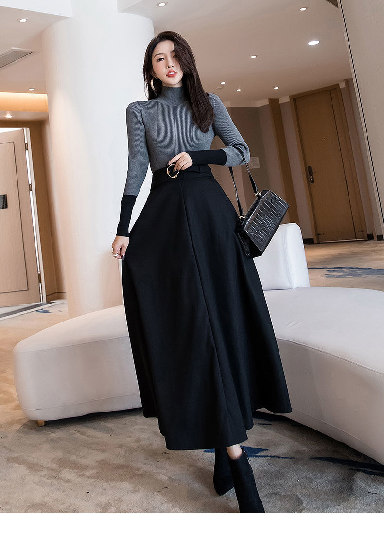高腰时尚百搭显瘦长裙字毛呢大摆伞裙半身裙黑色半身裙3xl建议140150