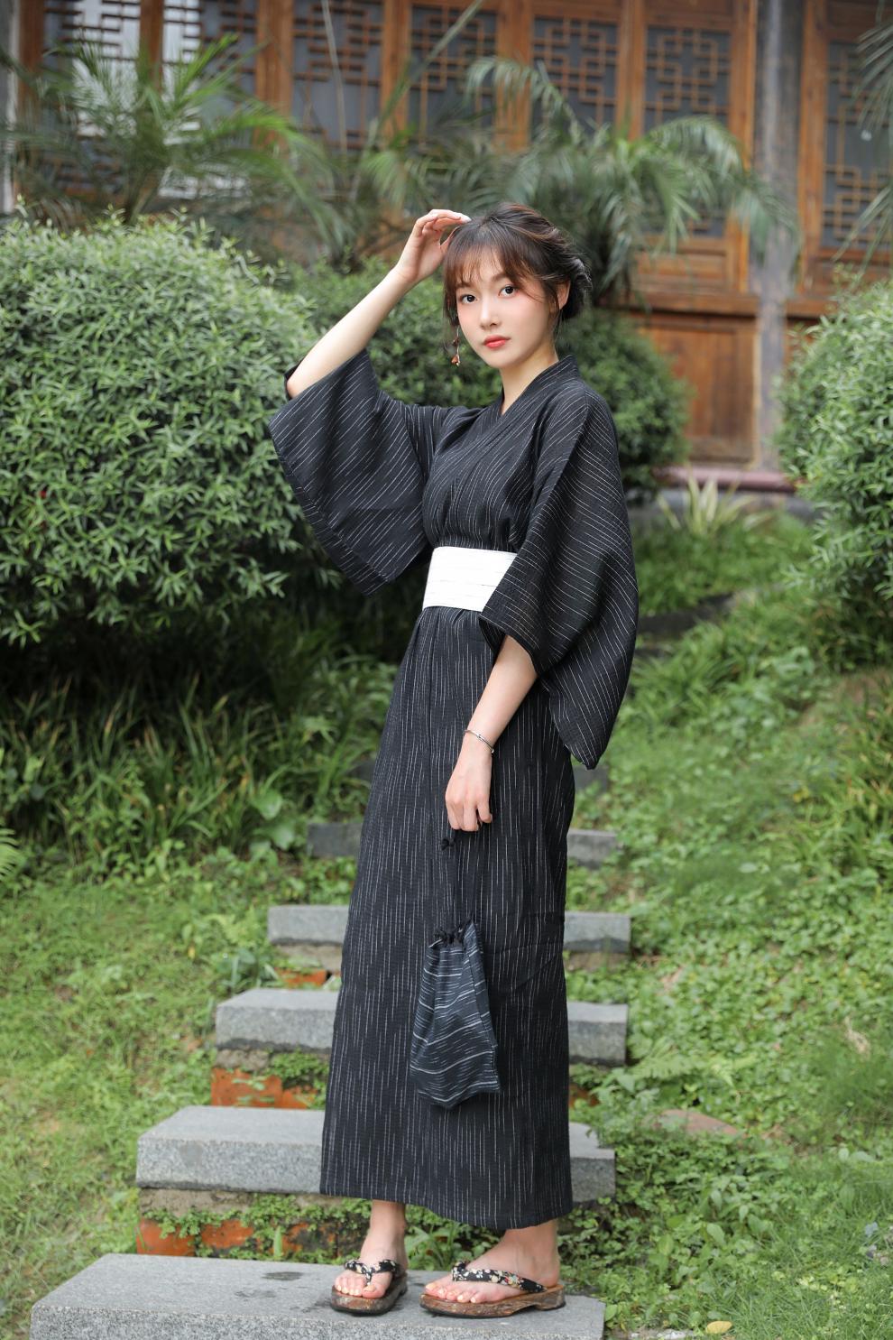 日式和服女正装日本女传统士浴衣长袍桑拿服cos写真服装气质棉麻黑白