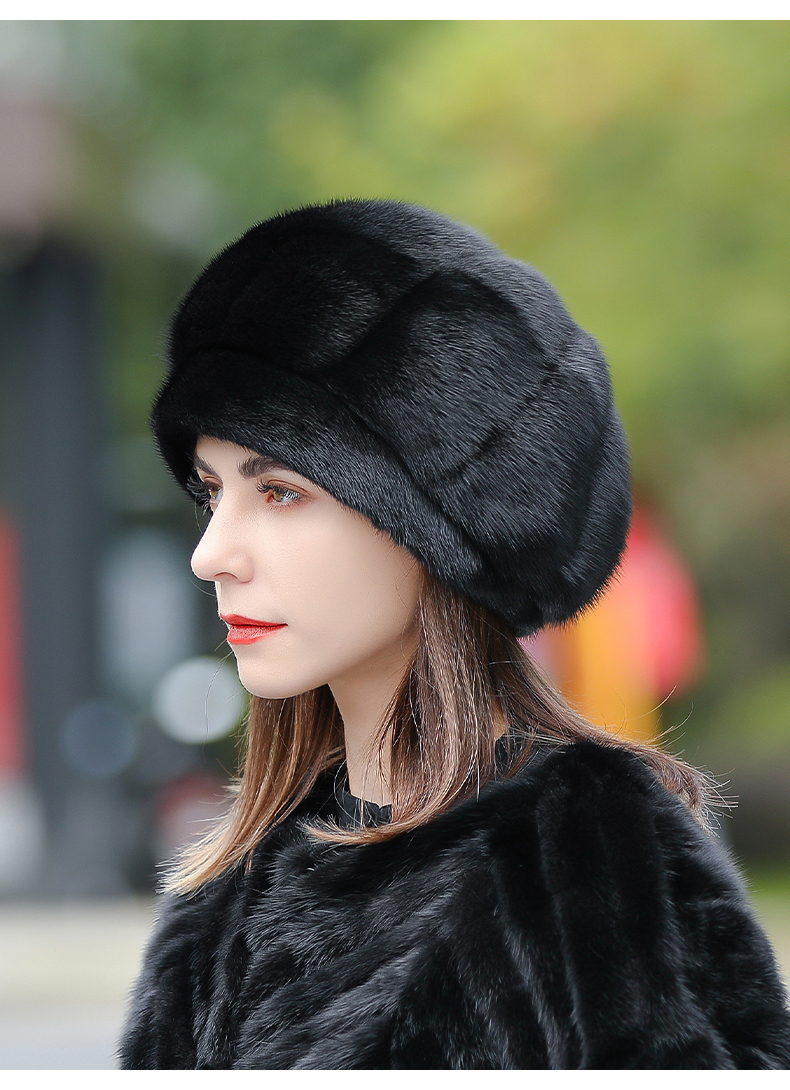 幕加格貂帽女冬季新款保暖水貂毛整貂贝雷帽冬天中老年妈妈皮草帽子