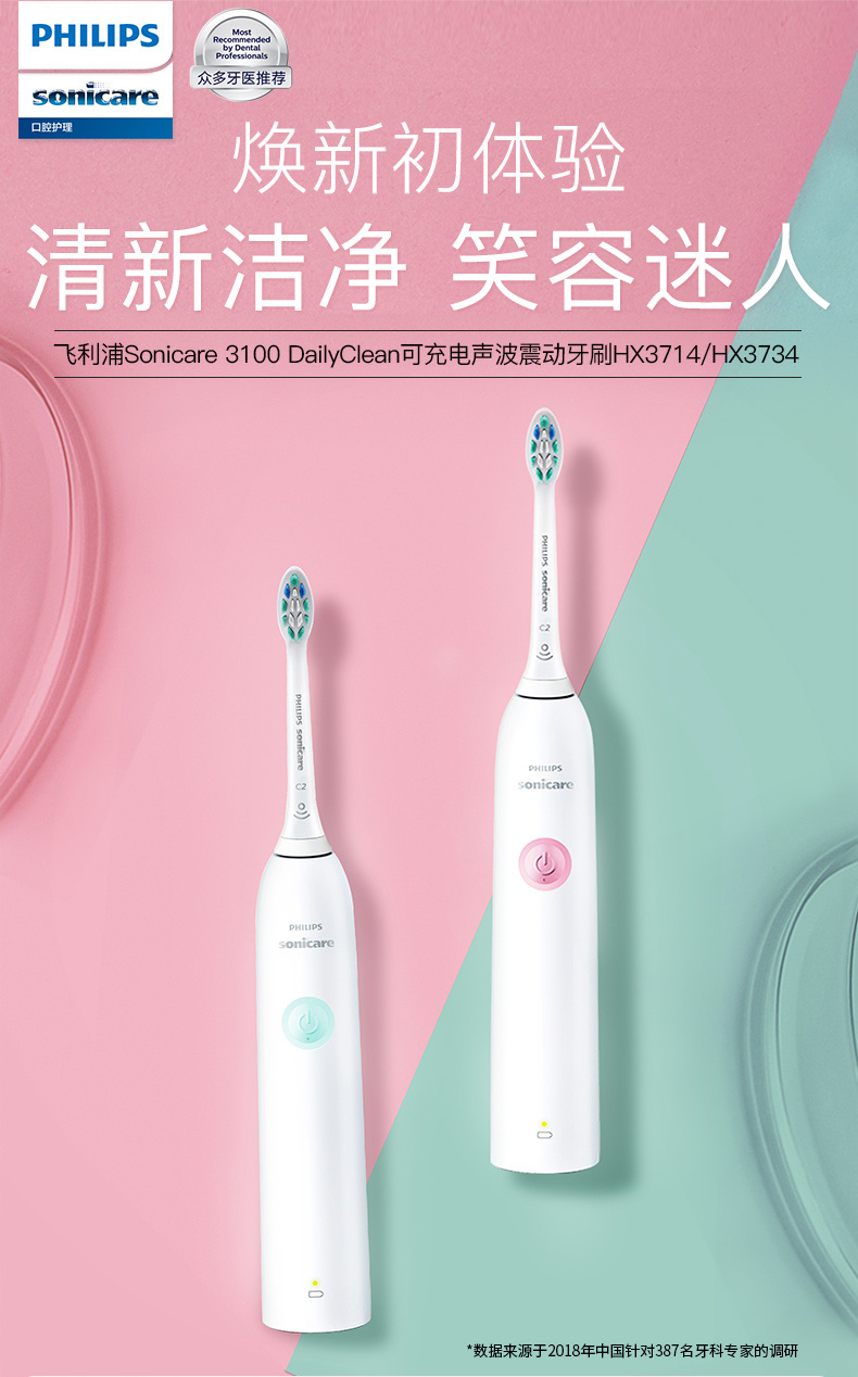 飞利浦电动牙刷小胖丁情侣套装礼盒女全自动软毛hx3714hx3734樱桃粉
