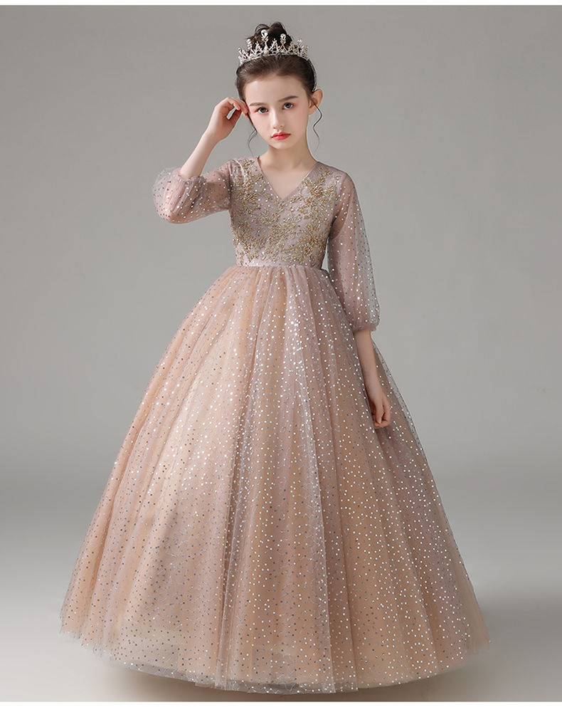 女童公主裙新款高端气质长款蓬蓬裙洋气主持人钢琴演出服春季香槟色