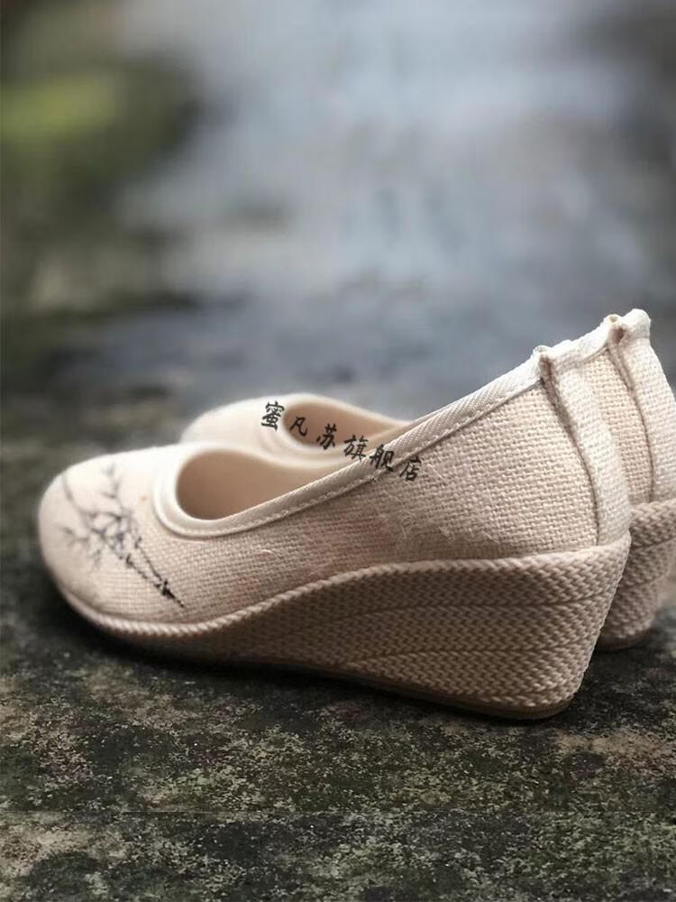 蜜凡苏千层底布鞋女坡跟手绘茶艺鞋禅意鞋年新款国风鞋茶服鞋配汉服的